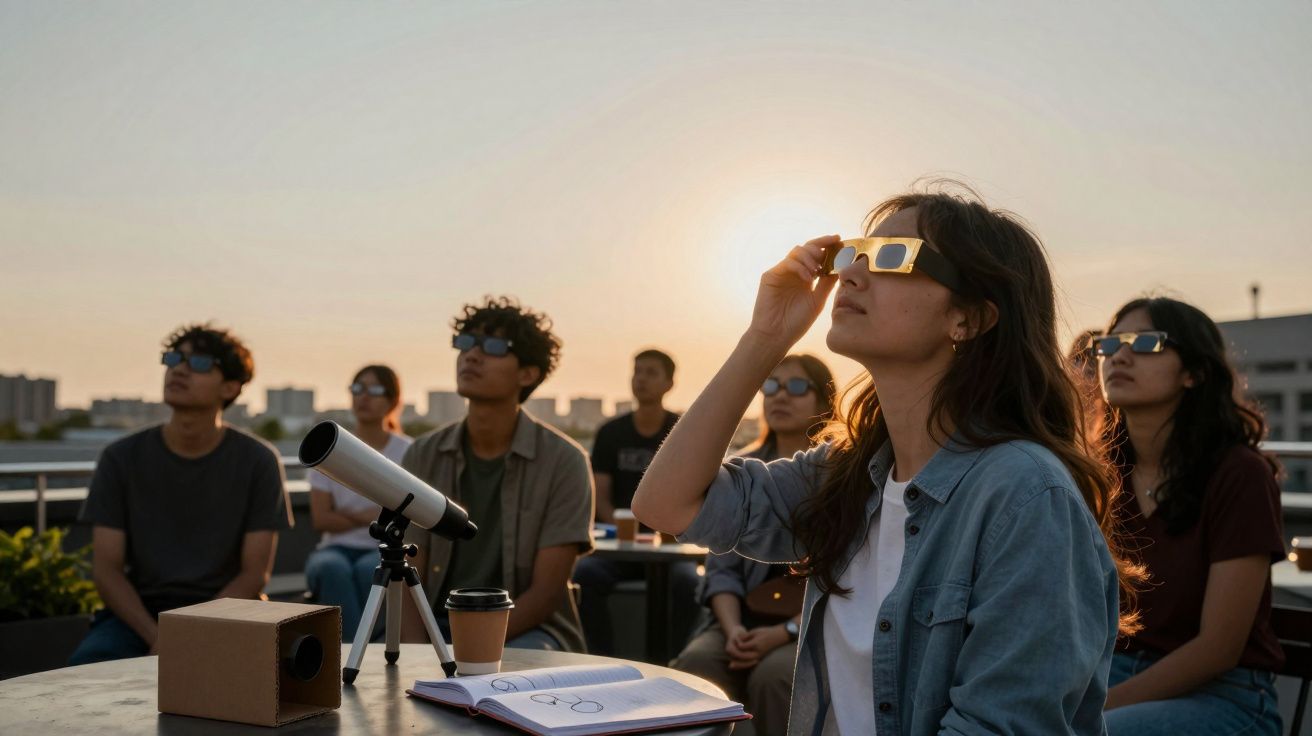 Grupo de jovens com óculos de proteção solar observa eclipse com telescópio ao pôr do sol numa cobertura.