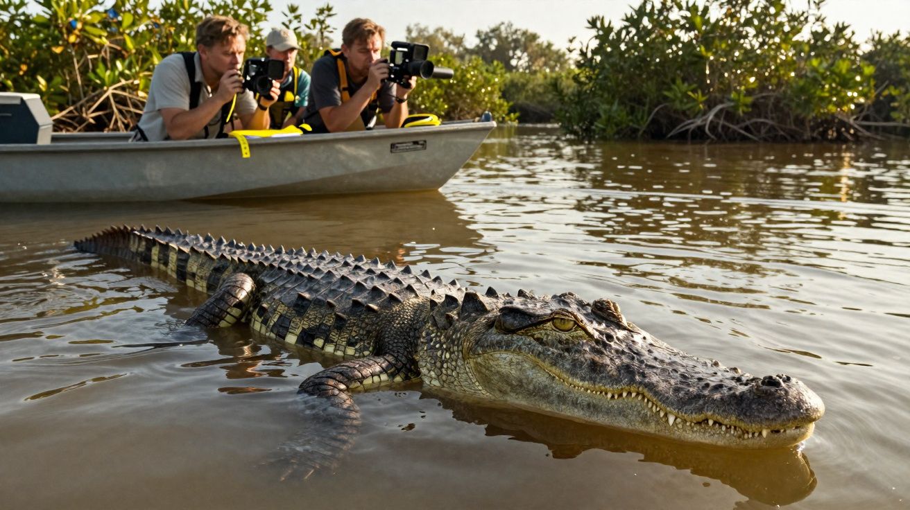 Jacaré na água perto de barco com três fotógrafos a observar e tirar fotos numa área de vegetação alagada.