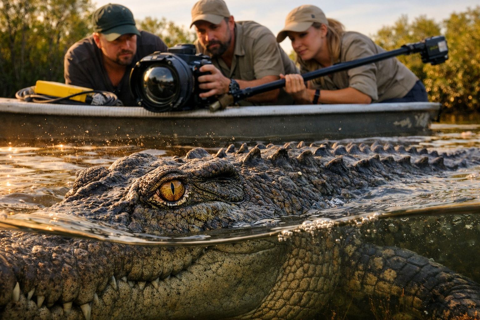 Jacaré na água com três pessoas numa pequena embarcação a fotografar de perto.
