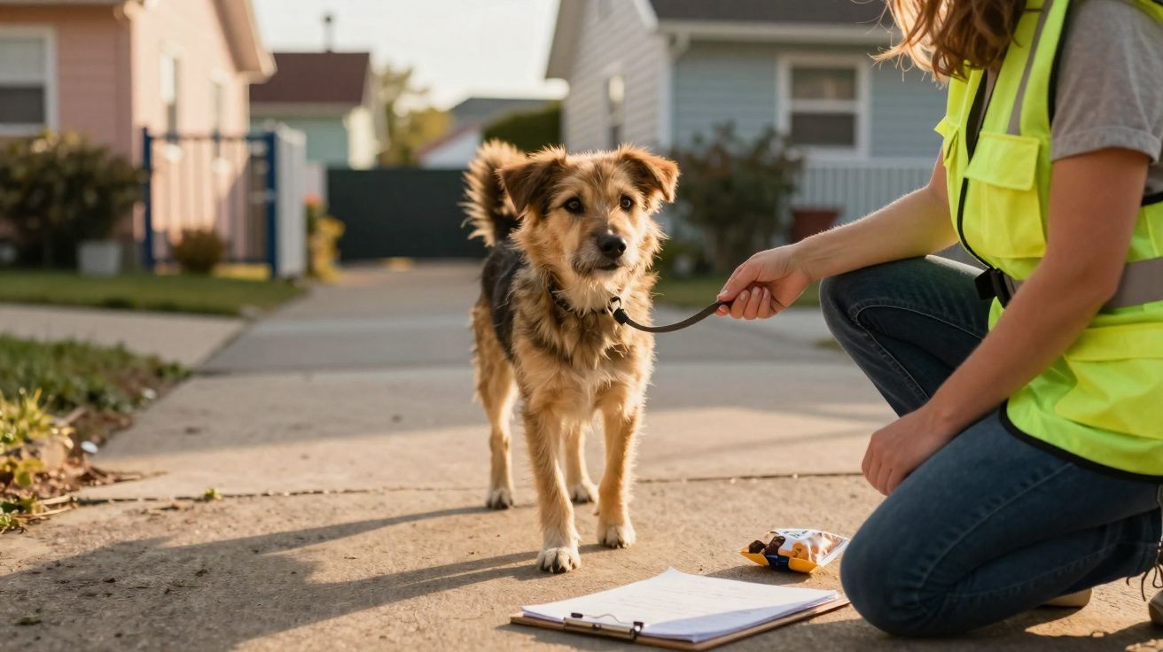 Pessoa agachada segura trela de cão castanho num passeio em bairro residencial ao entardecer.