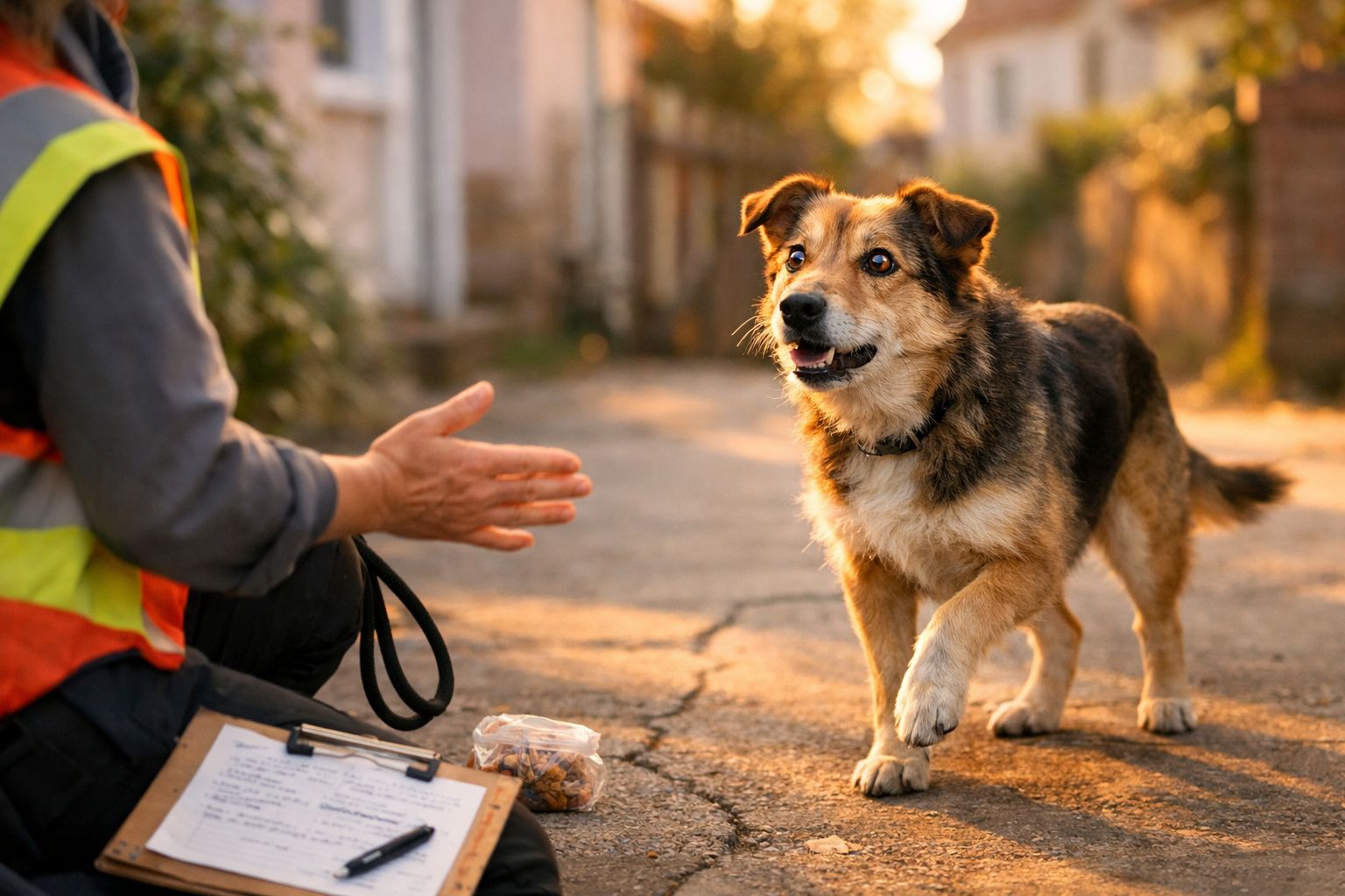Cão castanho e preto interage com pessoa de colete refletor numa rua ao pôr do sol.