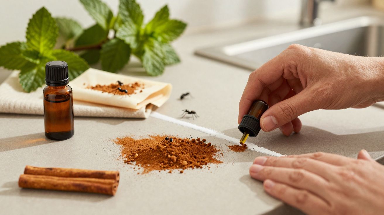 Mãos a aplicar óleo essencial com conta-gotas perto de especiarias e formigas numa superfície de cozinha.