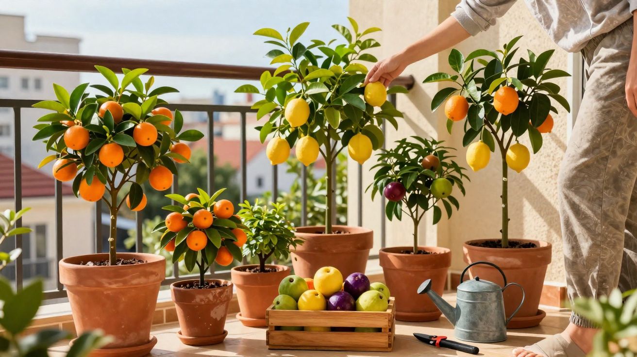 Varanda com várias plantas cítricas em vasos e caixa de frutas frescas com regador e tesoura.