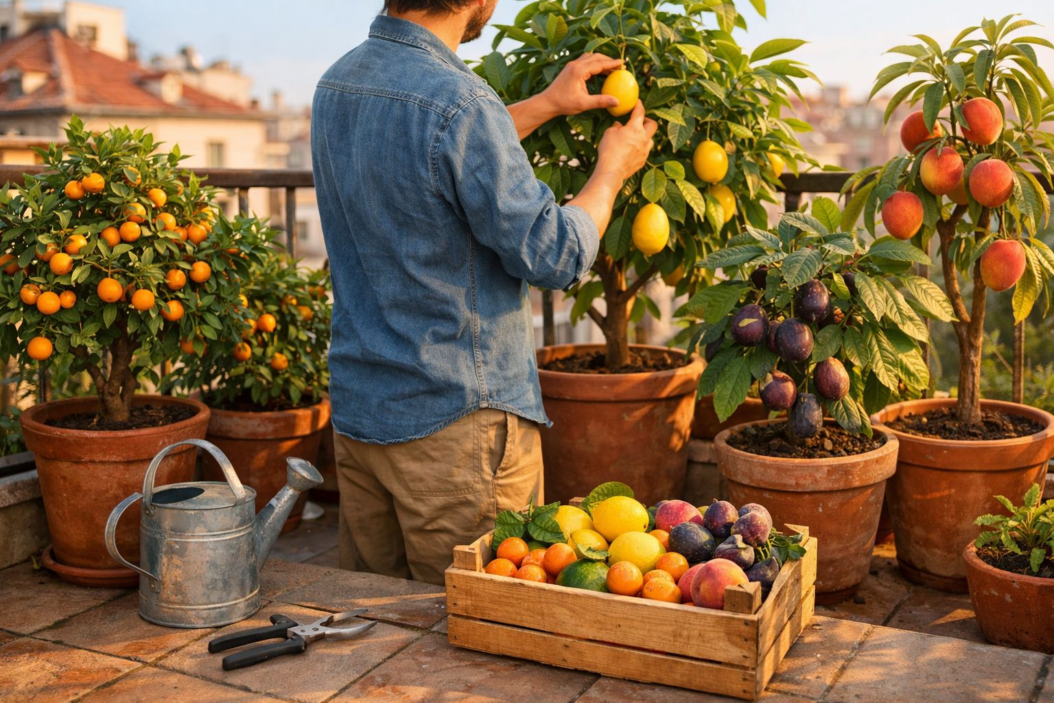 Pessoa a colher limões de uma planta em vasos numa varanda com várias árvores de fruto.
