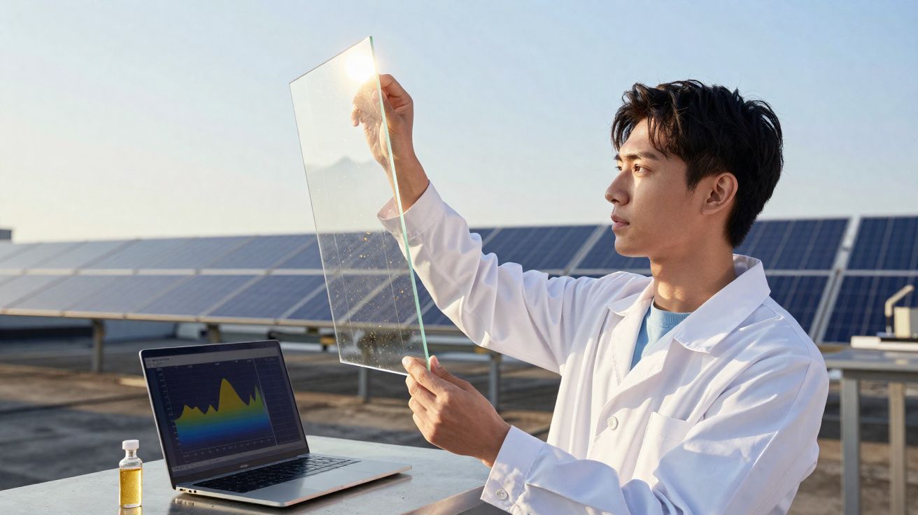 Homem com bata branca implementa tecnologia limpa junto a painéis solares e computador portátil.
