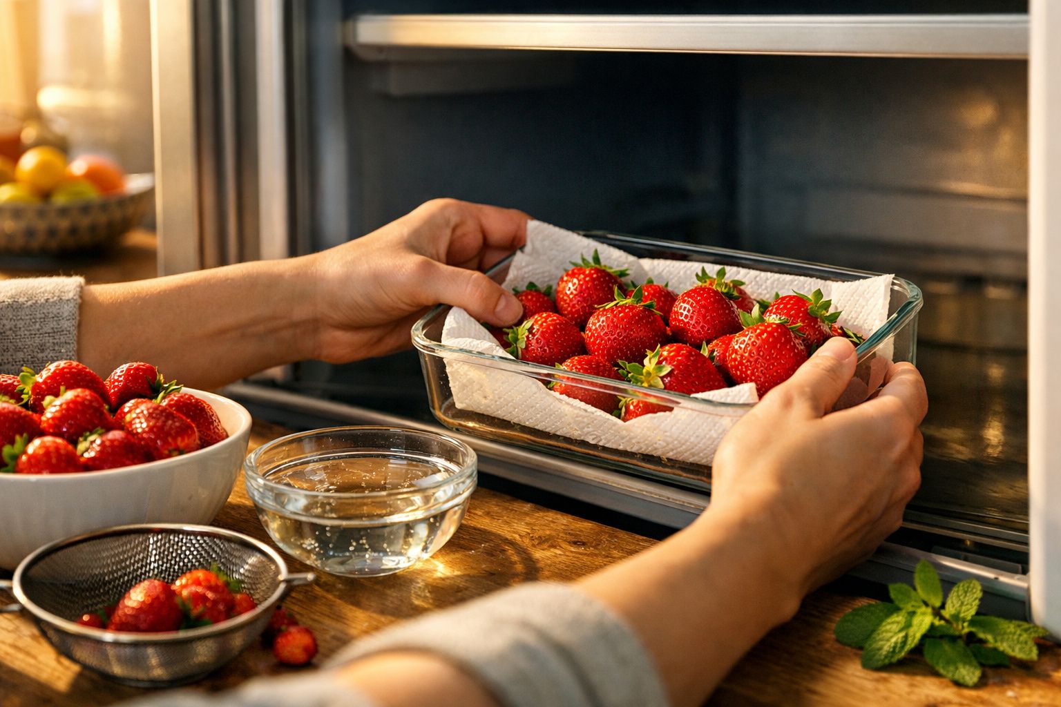 Mãos a colocar morangos num tabuleiro dentro do forno, com taças e morangos na bancada de madeira.