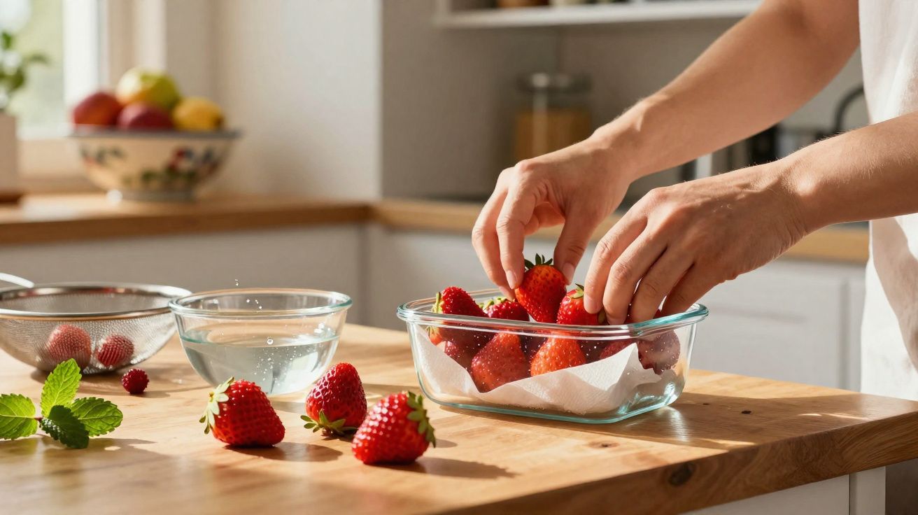Mãos a preparar morangos frescos numa cozinha com luz natural, com tigela de vidro e utensílios ao redor.