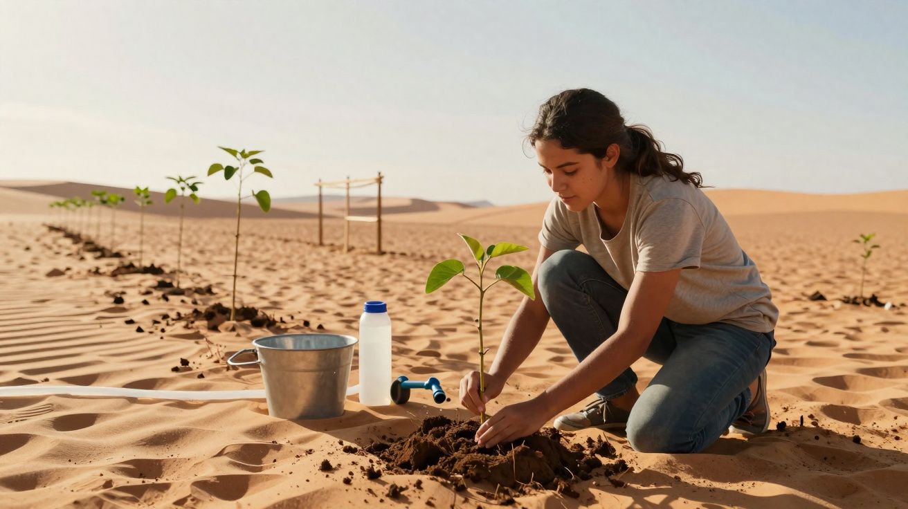 Jovem a plantar uma árvore numa região desértica com várias árvores recém-plantadas em linha.