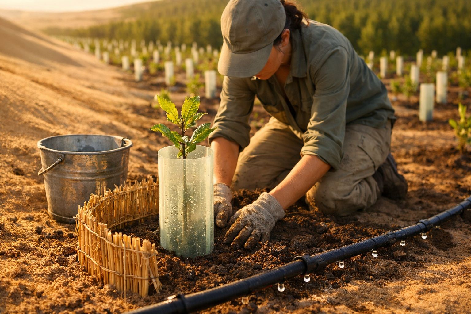 Pessoa a plantar uma muda protegida por um tubo transparente num campo com sistema de rega gota a gota.