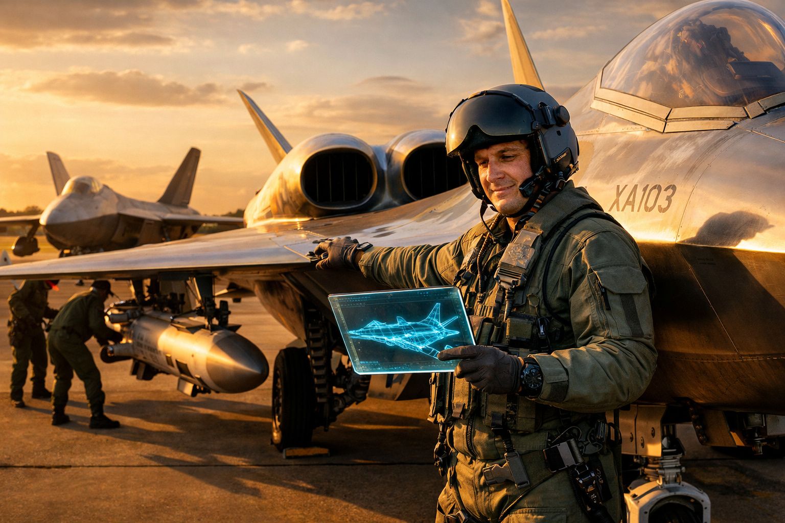 Piloto militar com capacete verifica dados digitais diante de jato de combate na pista ao pôr do sol.