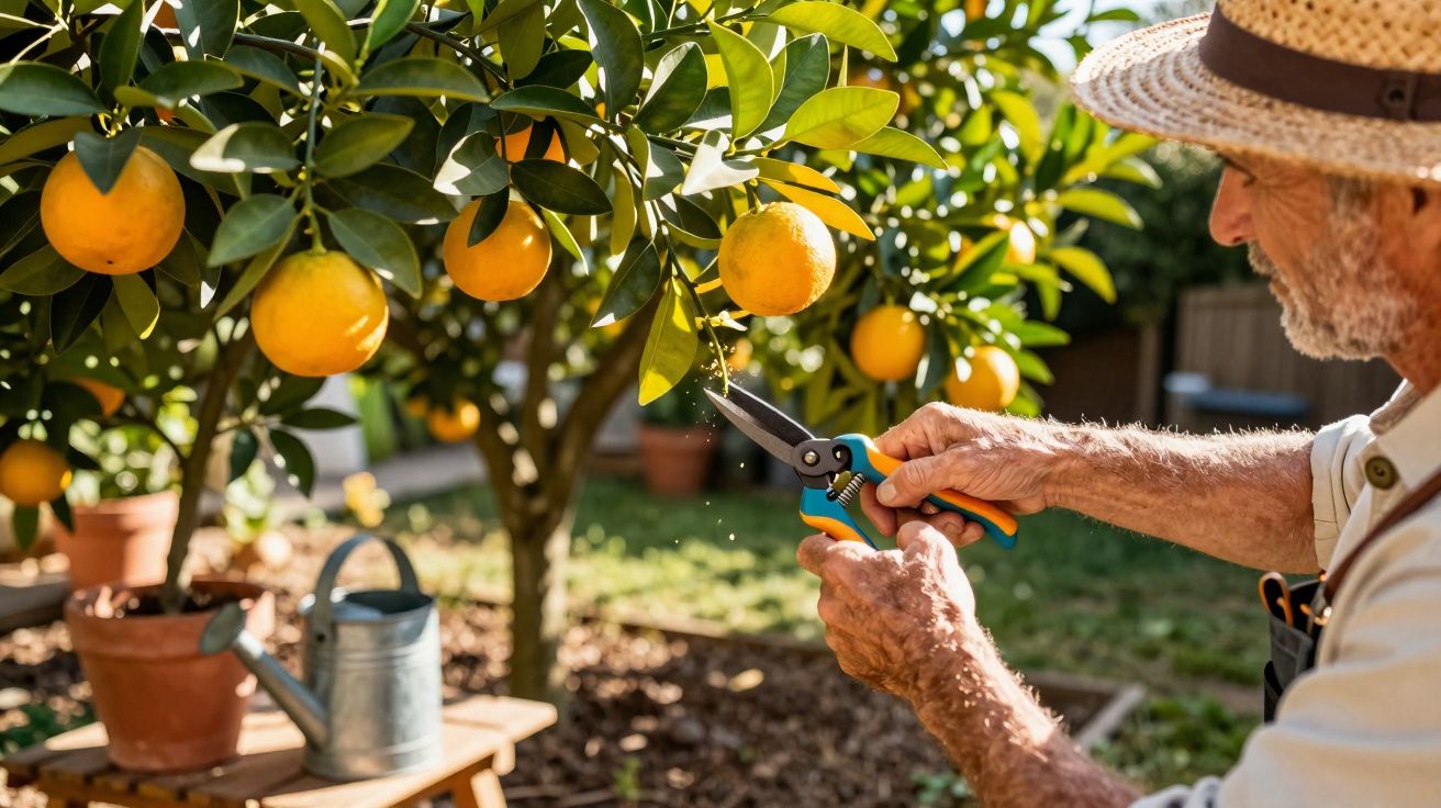 Homem com chapéu apanha laranjas maduras numa árvore num jardim ao sol.