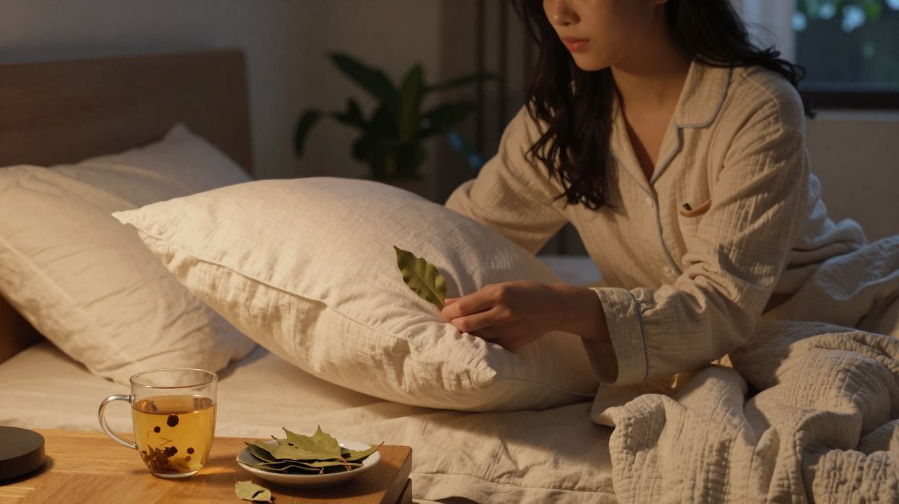 Mulher em pijama a colocar folha numa almofada, com chá e folhas numa cama em ambiente acolhedor.
