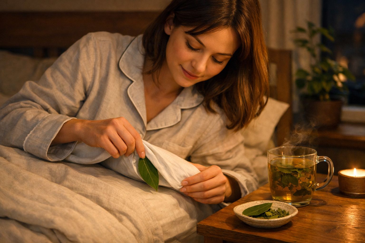 Mulher de pijama coloca folhas de ervas num saquinho para chá junto a uma chávena de chá quente e vela acesa.