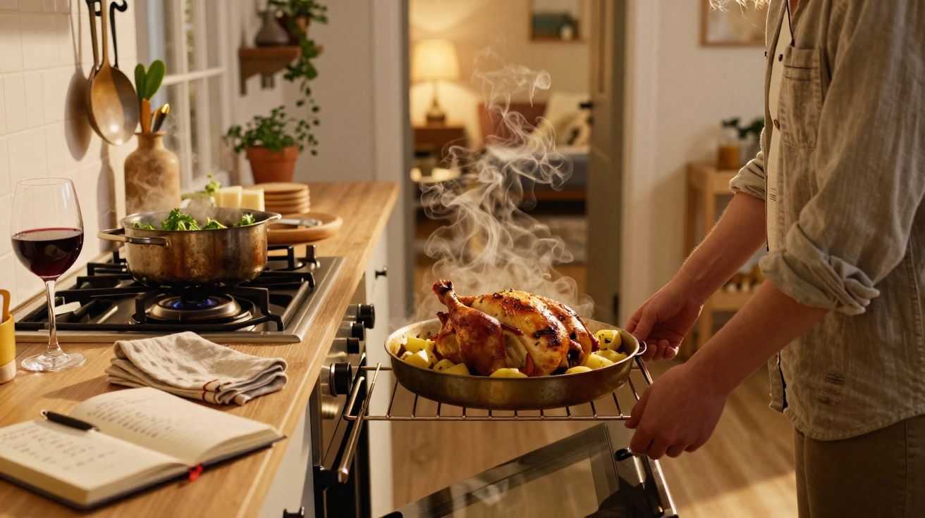 Pessoa a retirar frango assado fumegante com batatas do forno numa cozinha acolhedora.