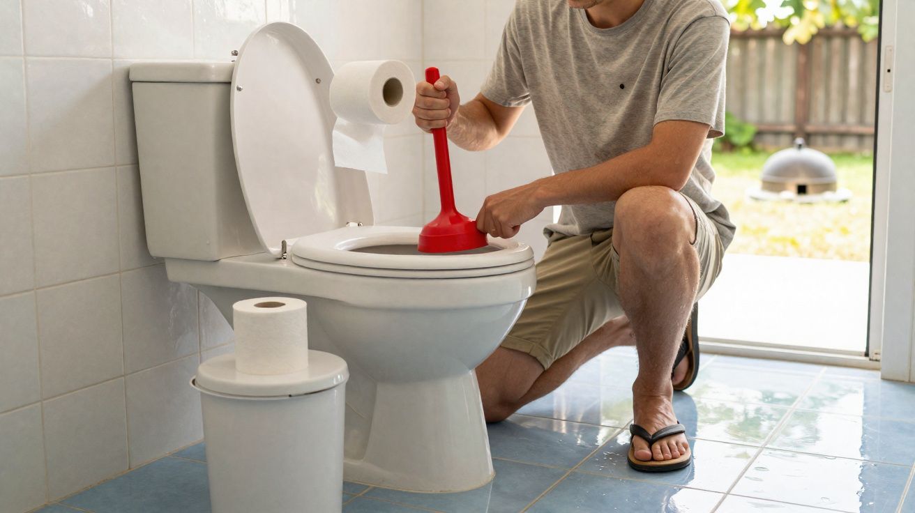 Homem a desentupir sanita branca com um desentupidor vermelho numa casa de banho.