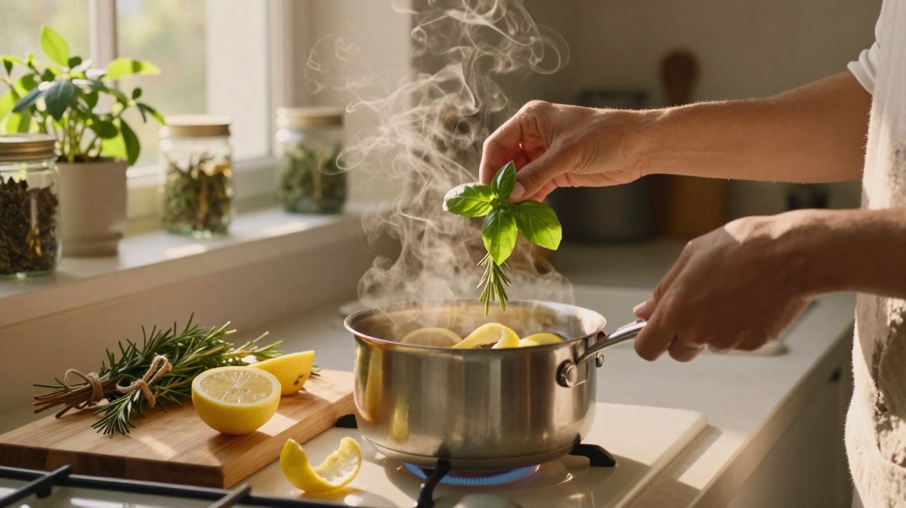 Mãos a colocar ervas frescas numa panela com limão a cozer no fogão, numa cozinha iluminada.