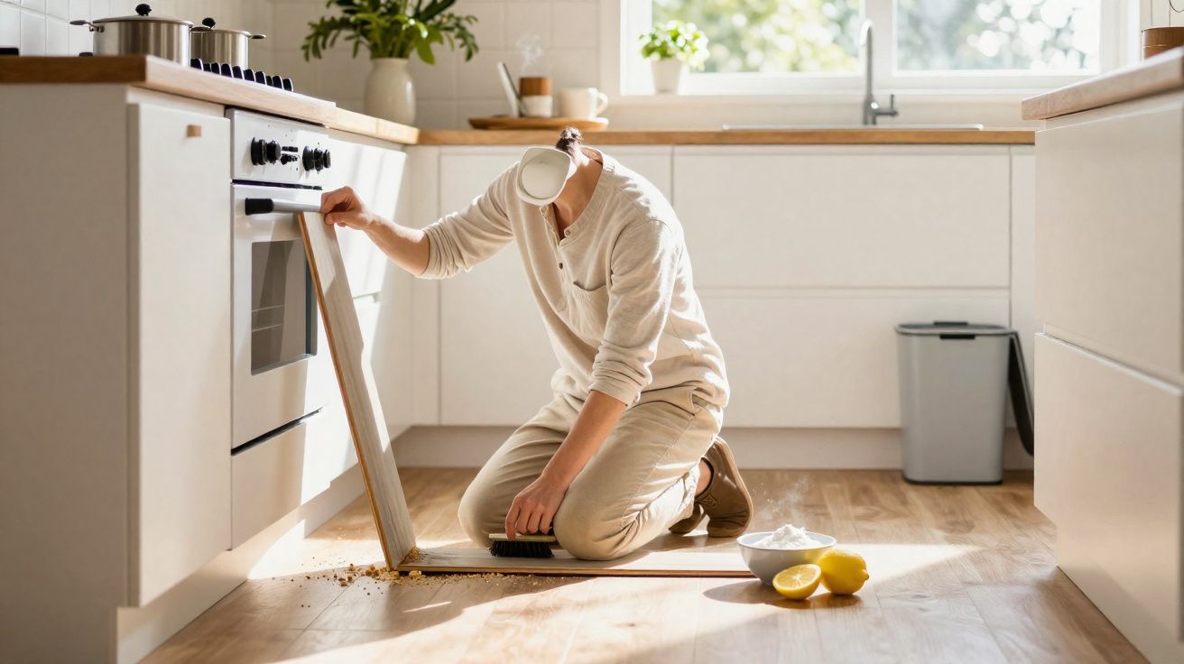 Pessoa a limpar cacos no chão da cozinha, usando uma vassoura e um tabuleiro, com limões e tigela ao lado.