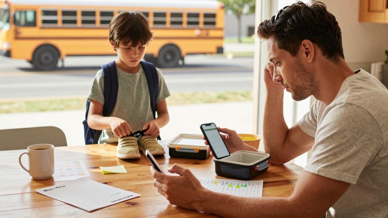 Pai preocupado consulta telemóvel enquanto filho com mochila arruma sapatos na cozinha, perto de autocarro escolar.