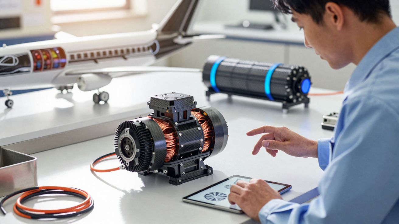 Pessoa a operar motor elétrico com tablet, com modelo de avião e equipamento técnico numa mesa.