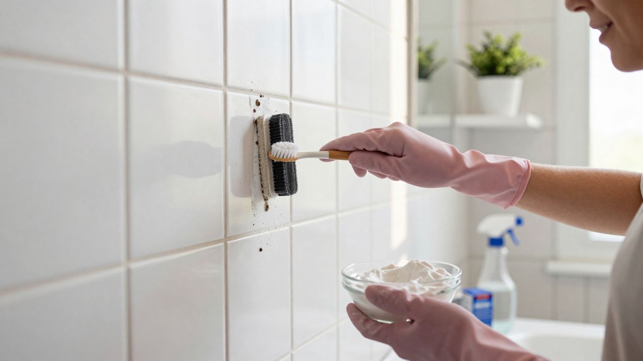 Pessoa com luvas cor-de-rosa a limpar azulejos brancos de casa de banho com escova e pasta de limpeza.