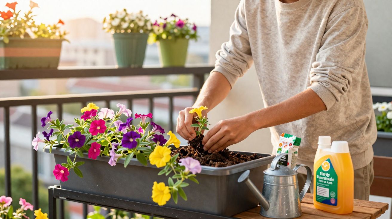Pessoa a plantar flores coloridas num vaso numa varanda ensolarada com utensílios de jardinagem ao lado.