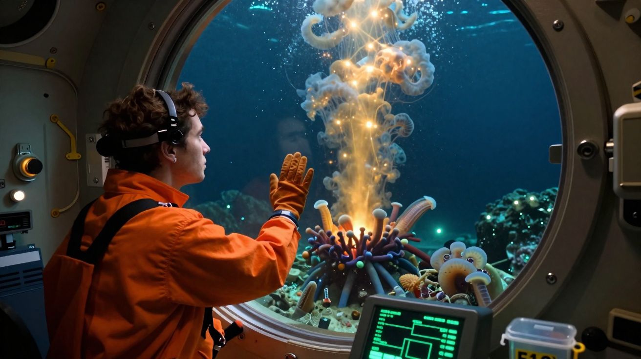 Pessoa com fato laranja observa criaturas marinhas luminosas através da janela de um submarino.