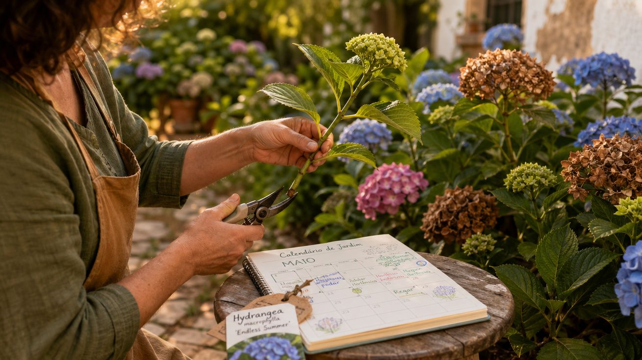 Pessoa a podar ramos de hortênsias junto a caderno de calendário de jardim em espaço exterior com várias flores.