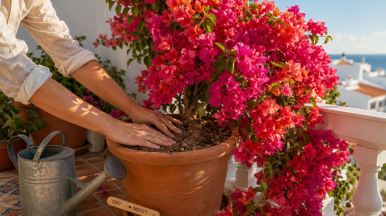 Pessoa a cuidar de planta com flores rosa num vaso de barro numa varanda ensolarada junto a regador de metal