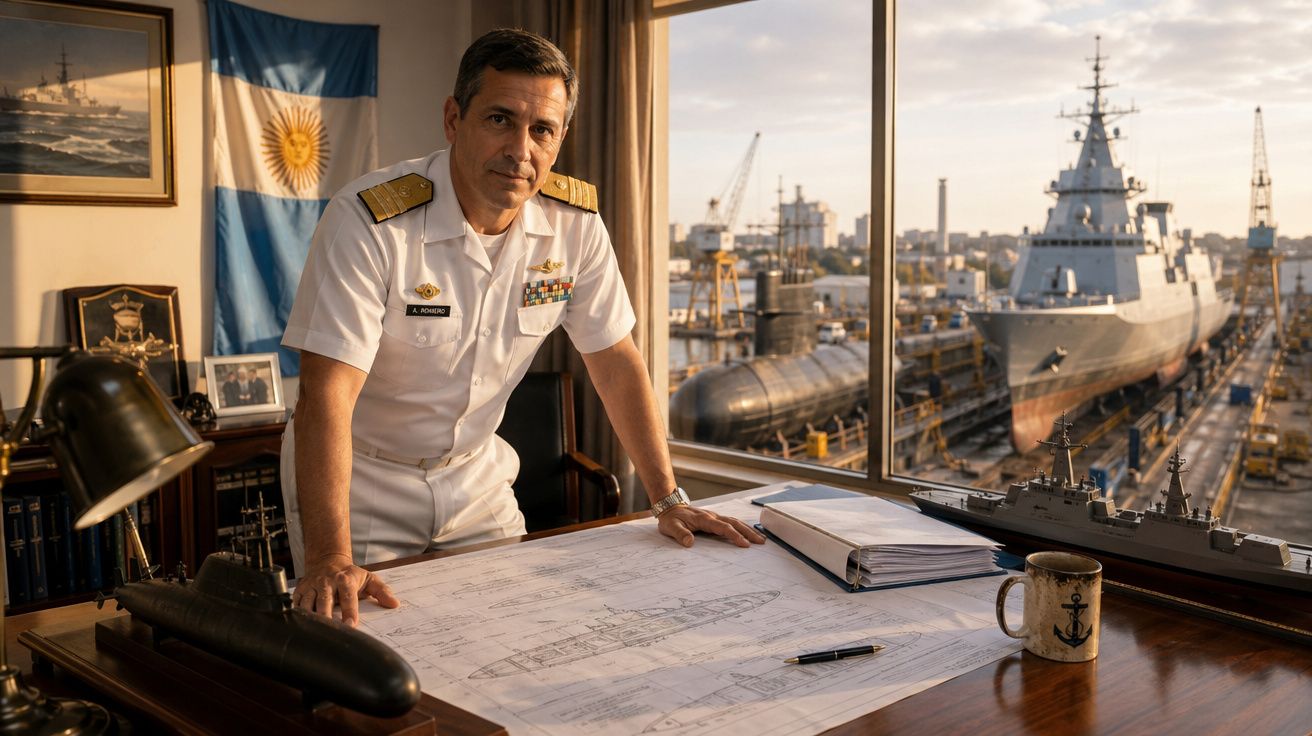 Oficial naval em uniforme branco com mapas navais na secretária, atrás uma bandeira da Argentina e estaleiro naval.