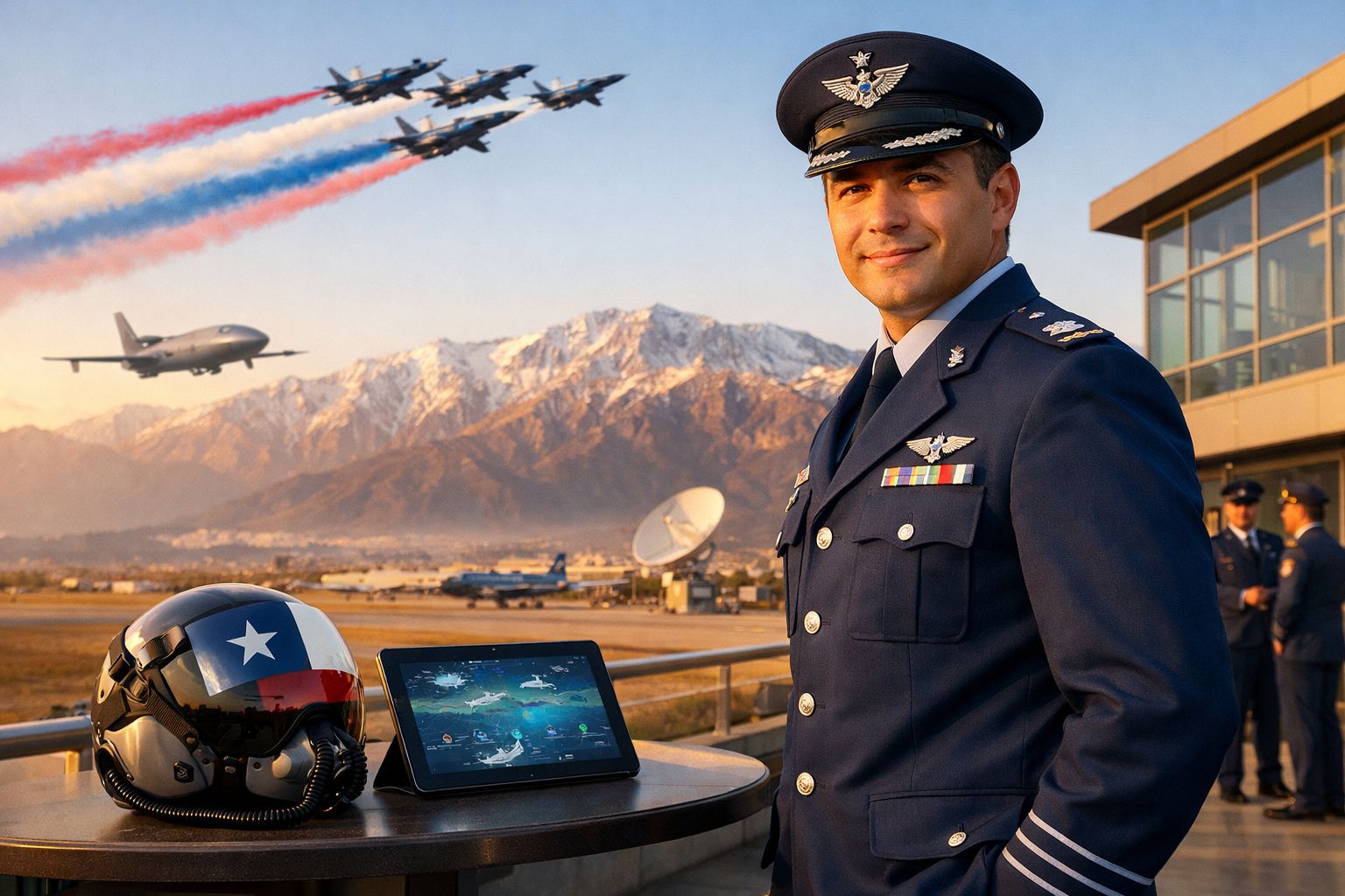 Militar da força aérea em uniforme com capacete e tablet, jatos a passar com fumaça nas cores da bandeira.