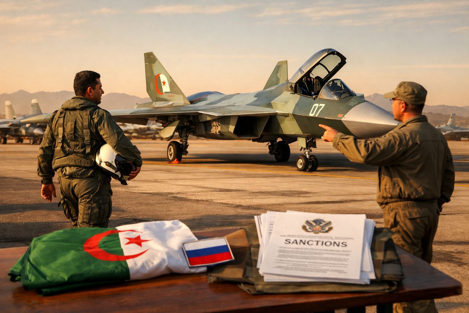 Dois militares junto a caça militar, bandeiras da Argélia e Rússia e documentos sobre sanções no aeroporto.