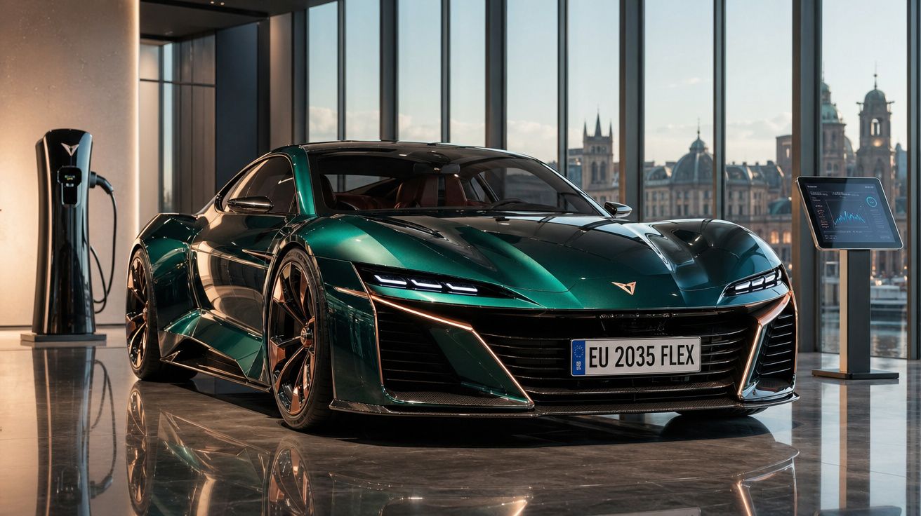 Carro desportivo elétrico verde brilhante em exposição interior com vista urbana através de janelas grandes.