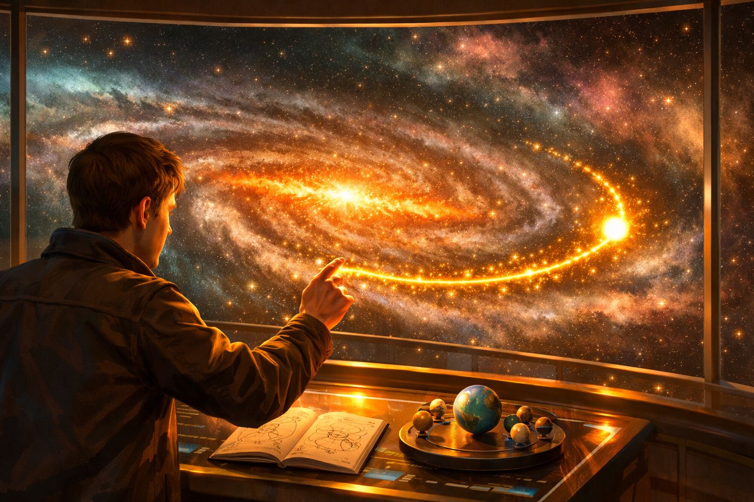 Homem aponta para uma galáxia brilhante em simulação, com modelo do sistema solar e livro aberto à sua frente.