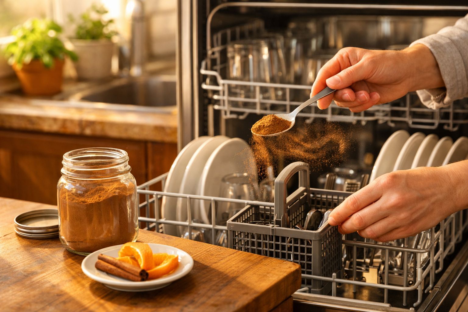 Pessoa a polvilhar canela em pó numa máquina de lavar loiça, com frasco aberto e prato com laranja e paus de canela ao lado.