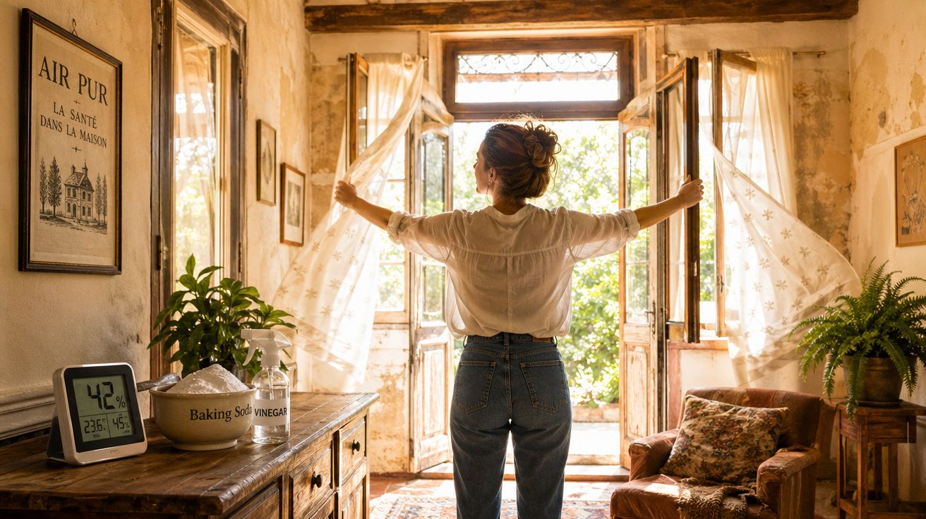 Mulher abre cortinas e deixa entrar luz natural numa sala rústica e acolhedora com plantas e roupa vintage.