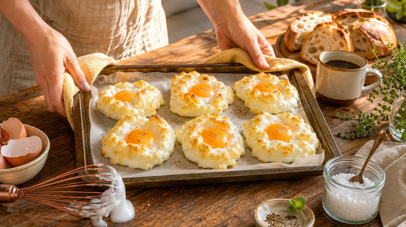 Tabuleiro com seis ovos nuvem acabados de assar, com pão, café e temperos sobre a mesa de madeira.