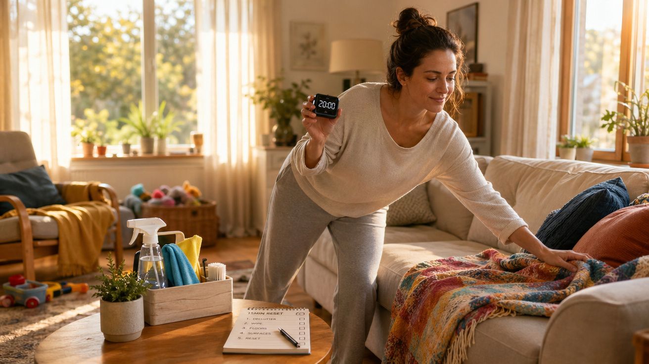 Mulher a limpar sofá numa sala bem iluminada segurando cronómetro digital a marcar 20:00.