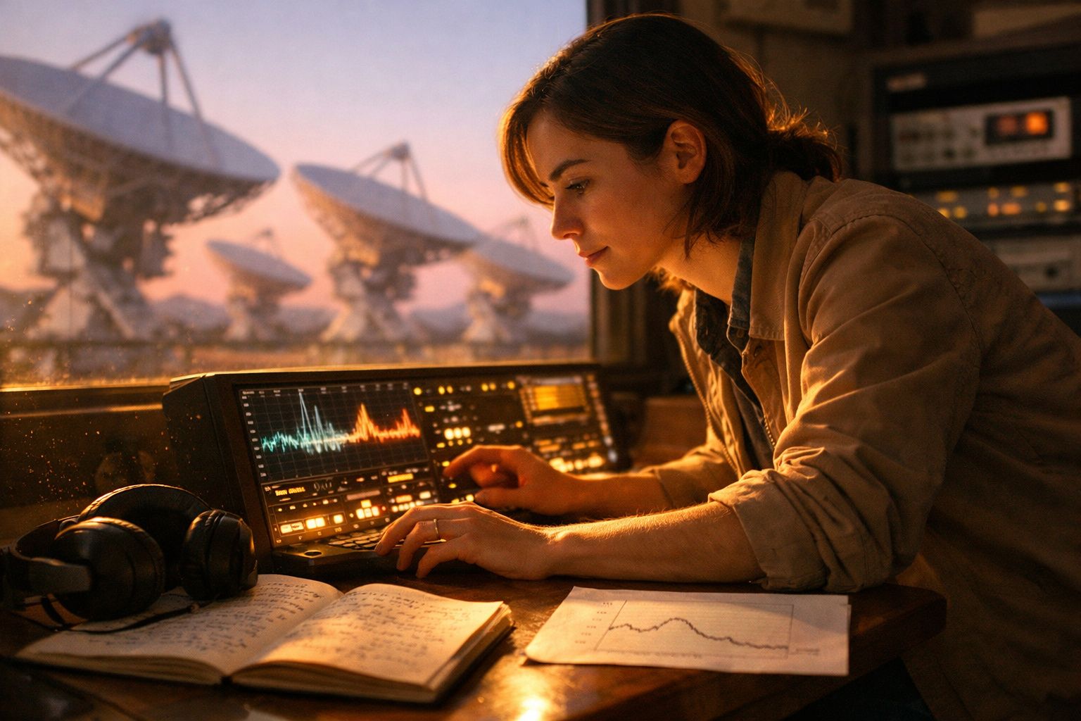 Mulher mexe em equipamento de rádio num laboratório, com antenas parabólicas ao fundo ao pôr do sol.