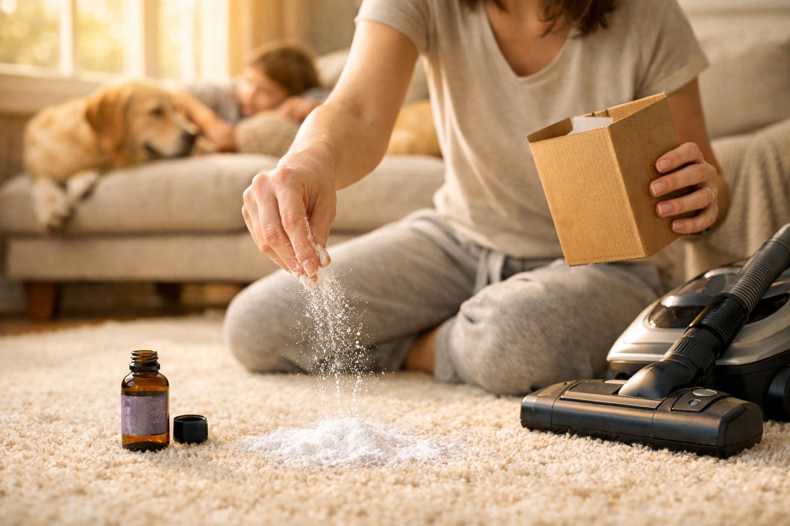 Pessoa a aplicar pó branco no tapete ao lado do aspirador, com cão e criança no sofá ao fundo.