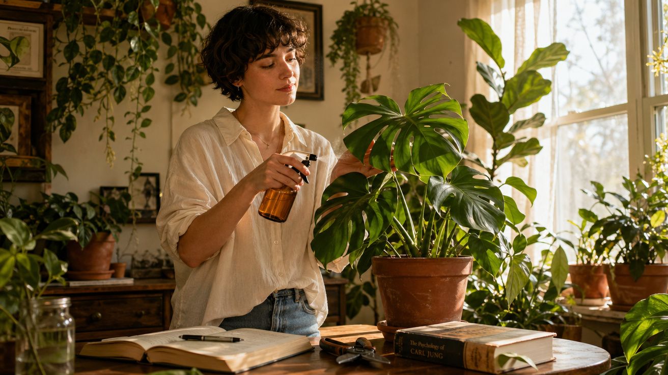 Mulher rega planta Monstera numa sala iluminada cheia de vasos e livros sobre uma mesa de madeira.