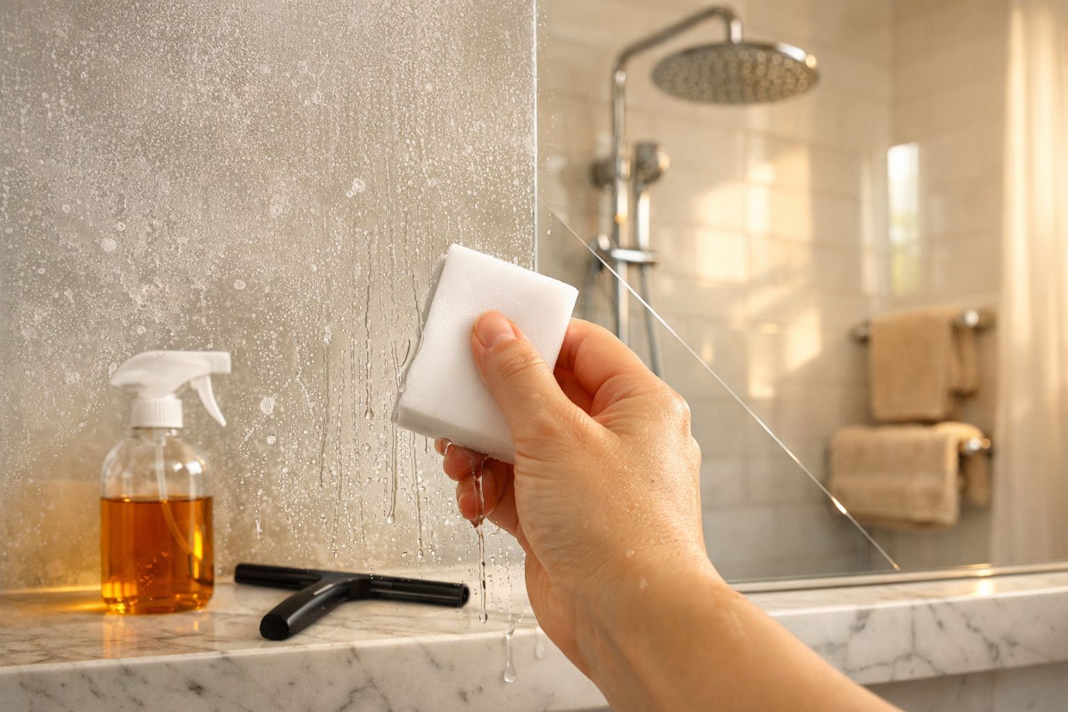 Mão com esponja branca a limpar espelho molhado numa casa de banho com toalhas e pulverizador.