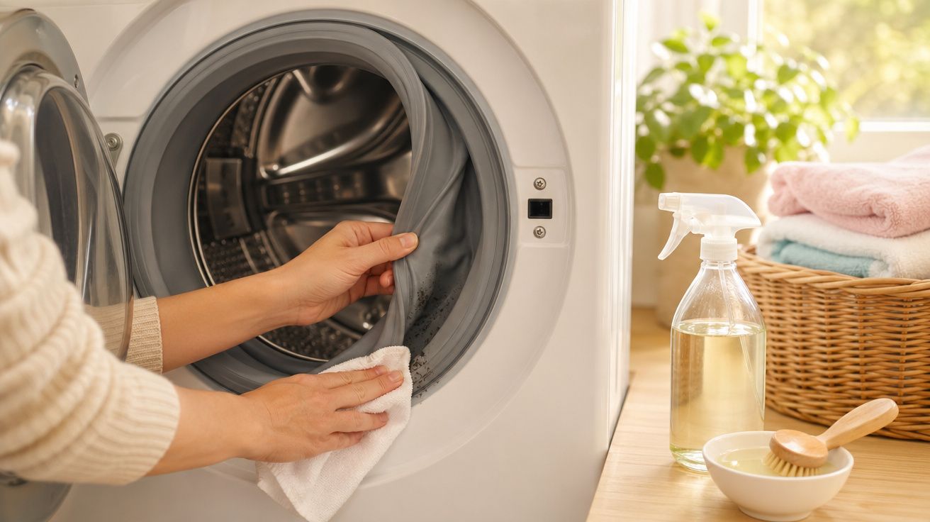Pessoa a limpar manchas de bolor na porta da máquina de lavar roupa com um pano branco.