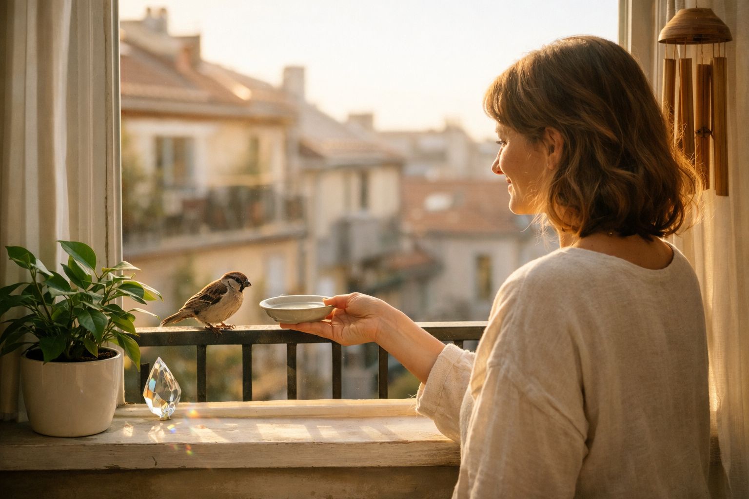 Mulher sorridente a alimentar um pardal no parapeito da janela ao pôr do sol numa cidade.
