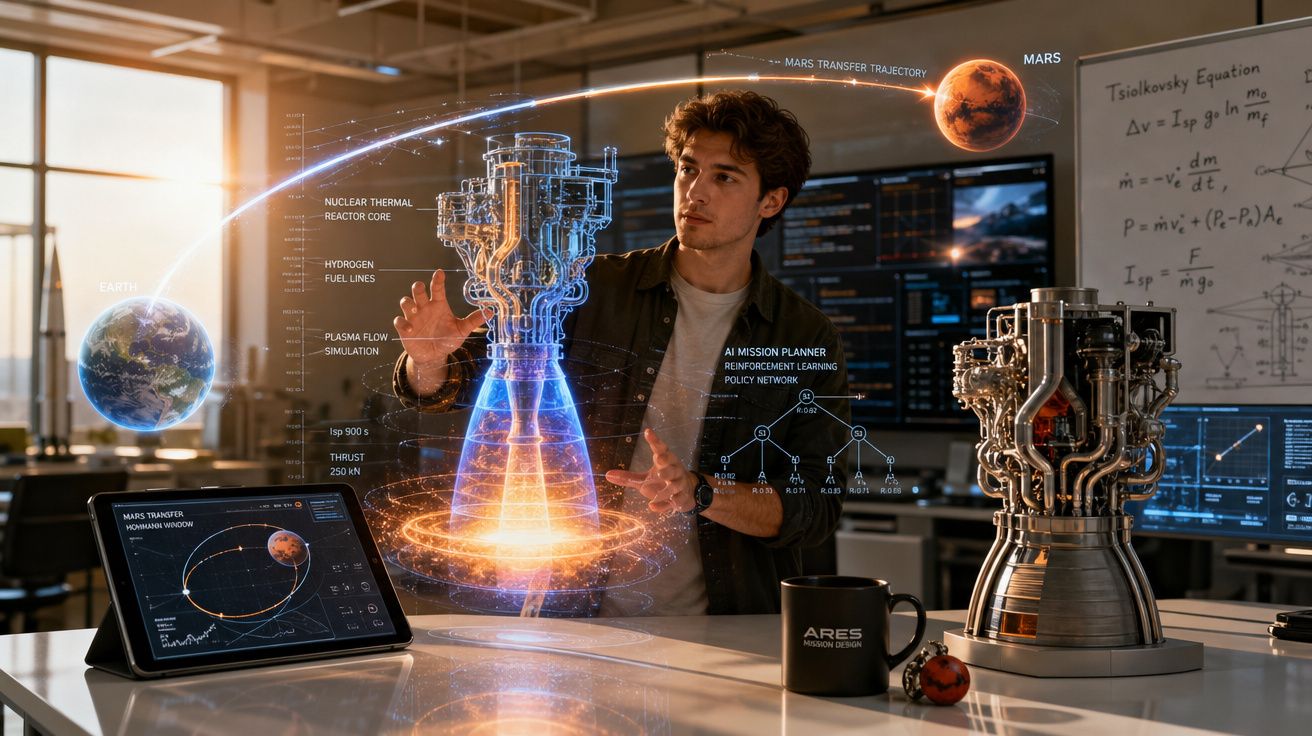 Engenheiro analisa holograma de motor espacial enquanto estuda transferência de órbita entre Terra e Marte.
