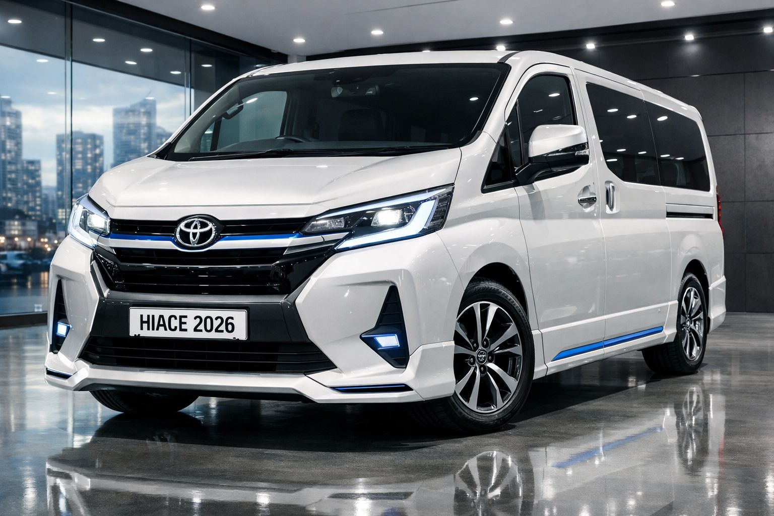 Carrinha Toyota Hiace 2026 branca estacionada em interior moderno com iluminação refletida no chão.