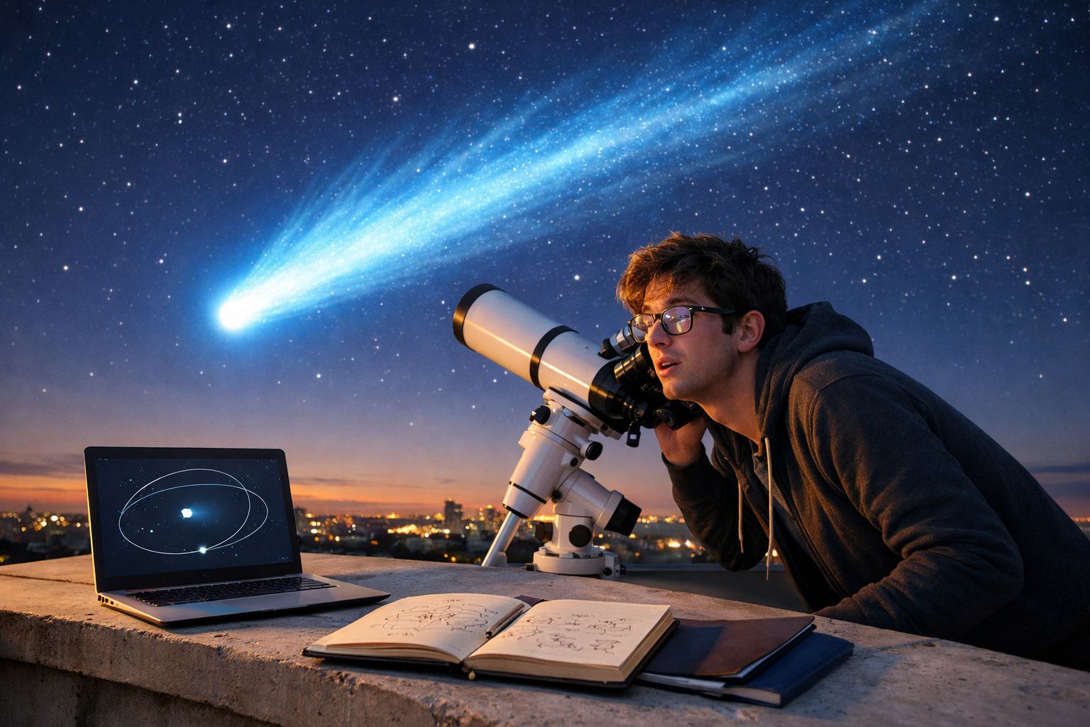 Jovem observa com telescópio um cometa no céu estrelado, com laptop e caderno à sua frente.