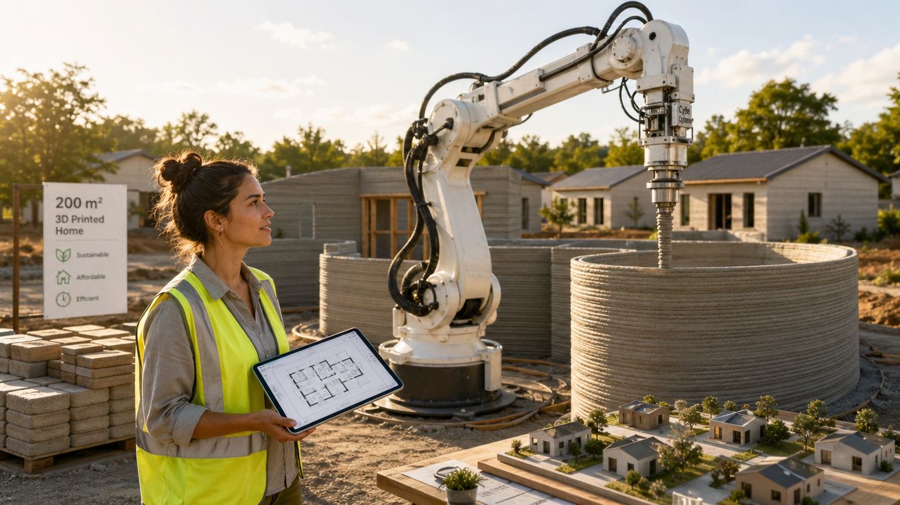Mulher com colete amarelo observa impressora 3D a construir casa com maquete e planta na mão.