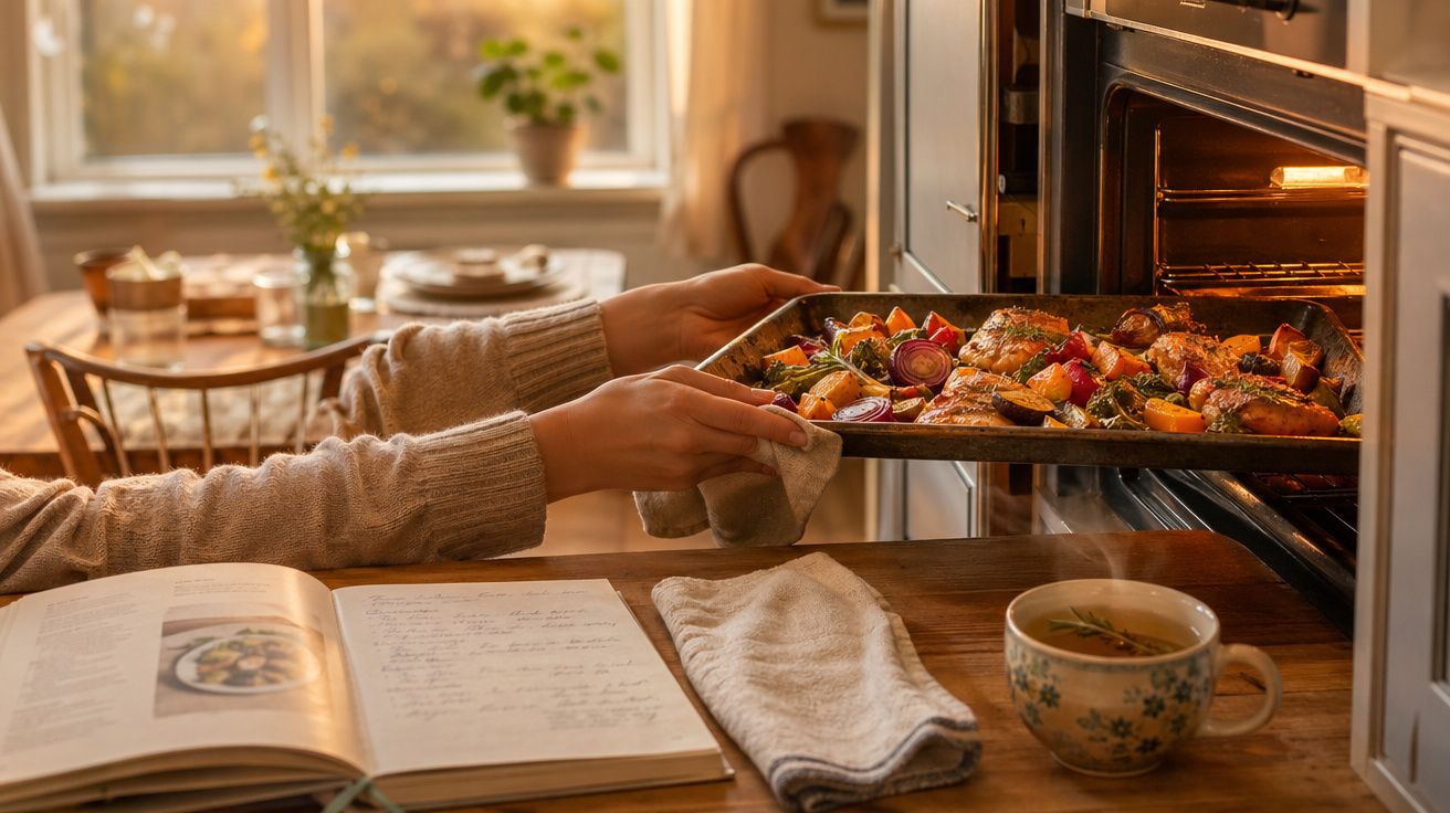 Pessoa a retirar tabuleiro com vegetais assados e carne do forno numa cozinha acolhedora, com livro de receitas aberto.