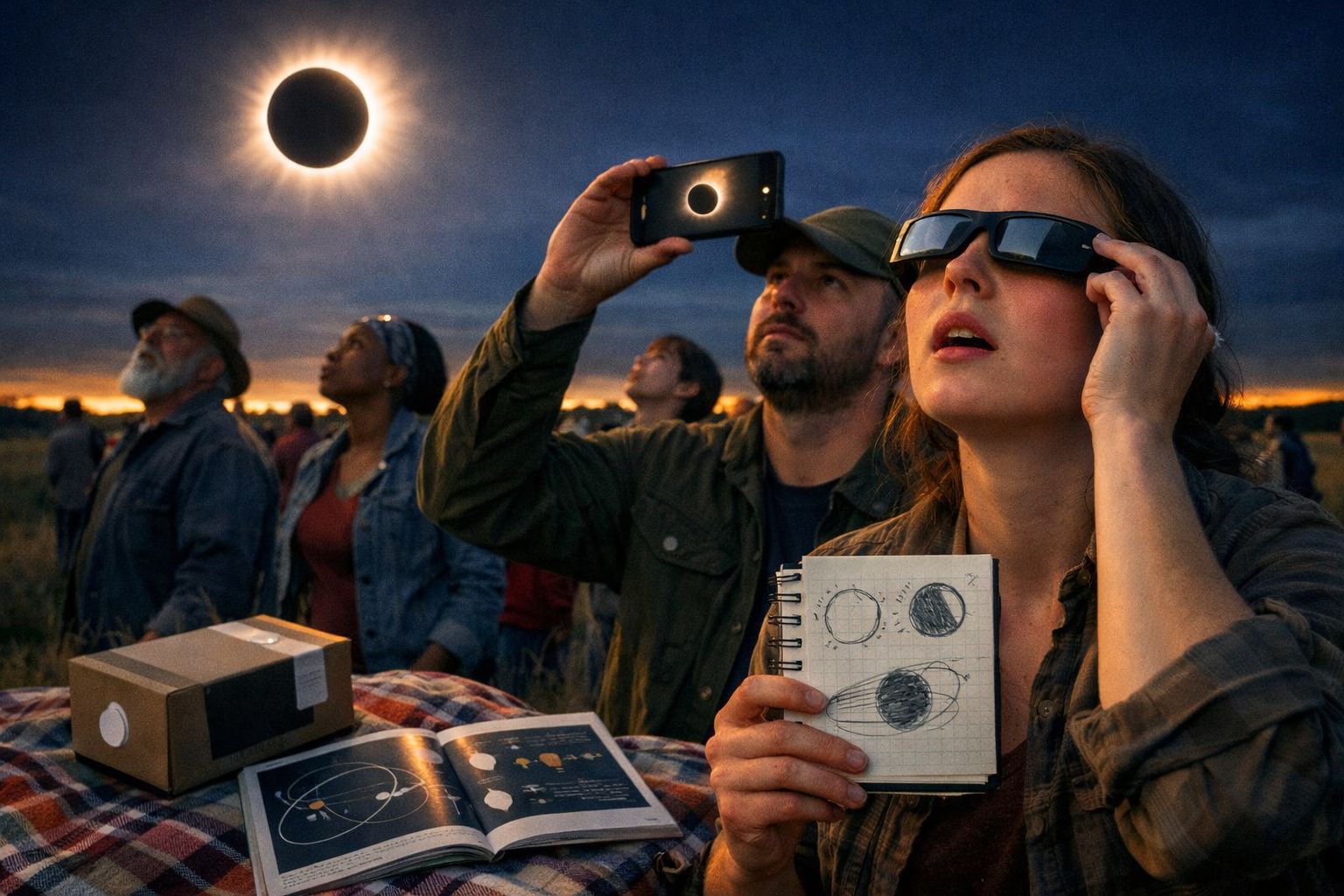 Grupo de pessoas a observar e fotografar um eclipse solar total ao entardecer, com livros e notas de astronomia.
