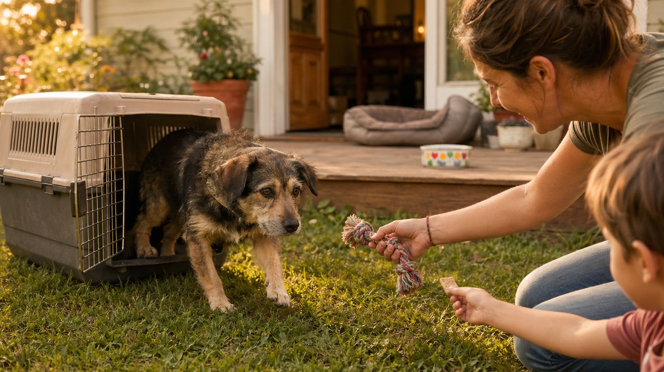 Mulher e criança a convidar cão tímido a sair da caixa de transporte no jardim de casa.